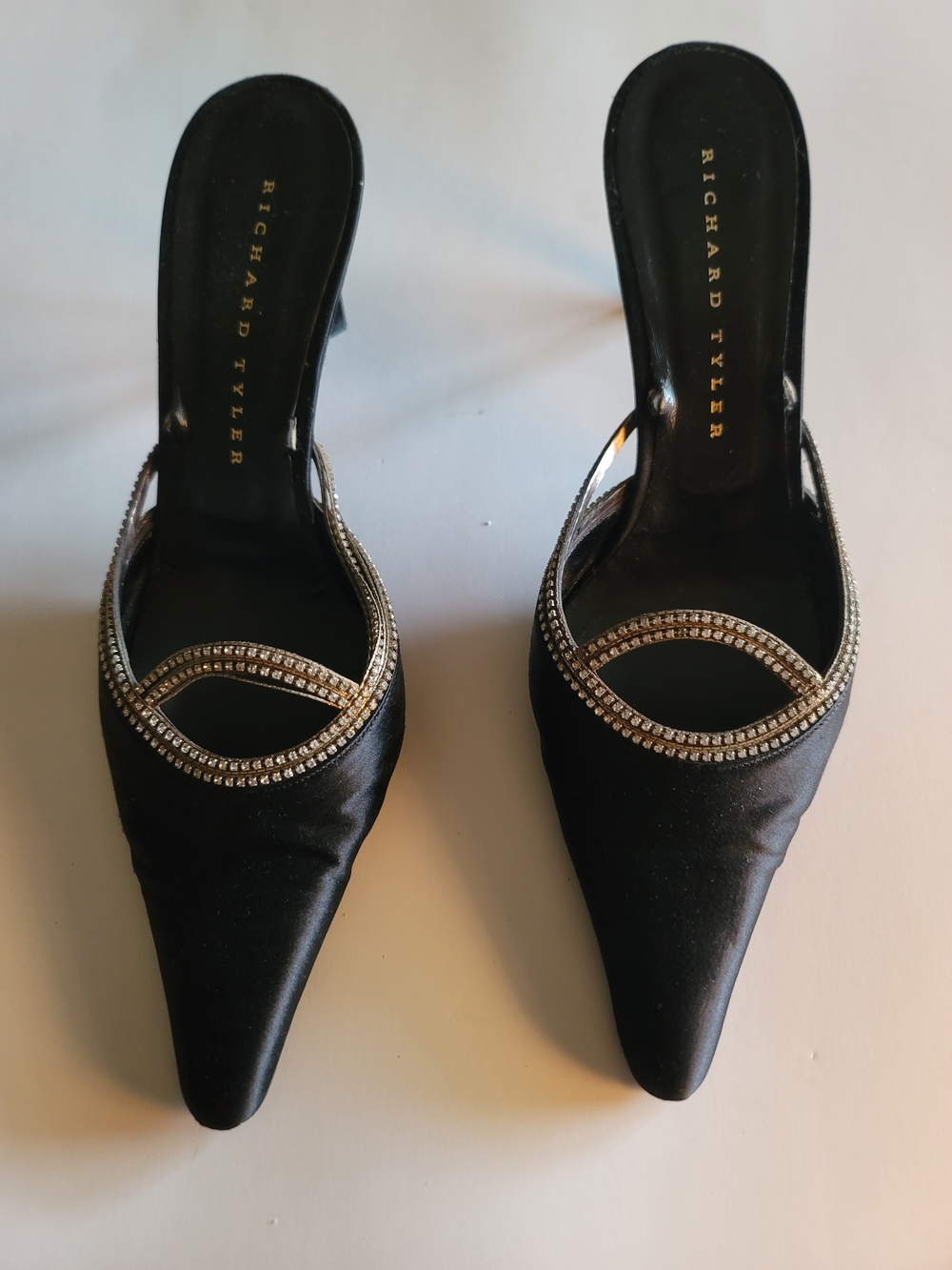 Richard Tyler Black Satin Pointed-Toe Heeled Mules with Rhinestone Trim